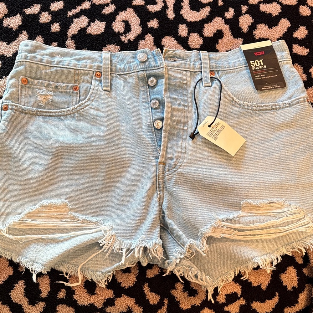 Levi's Light Blue Distressed Button-Fly Denim Shorts